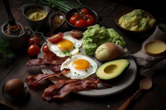 keto breakfast plate with eggs bacon and avocado, generative ai