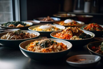 korean bibimbap bowl on table top, asian dish, keto, generative ai - obrazy, fototapety, plakaty