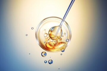 Cosmetic pipette with Cosmetic Essence oil Liquid drop with molecule on a Clean background, 3d rendering, Generative AI