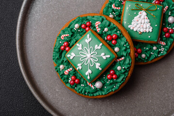Beautiful festive Christmas gingerbread made by hand with decoration elements