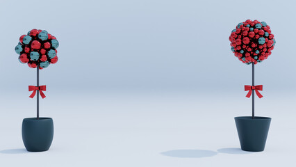 Christmas Baubles Topiaries in Pots on a Grey Background 3D Rendering Minimalistic Banner 