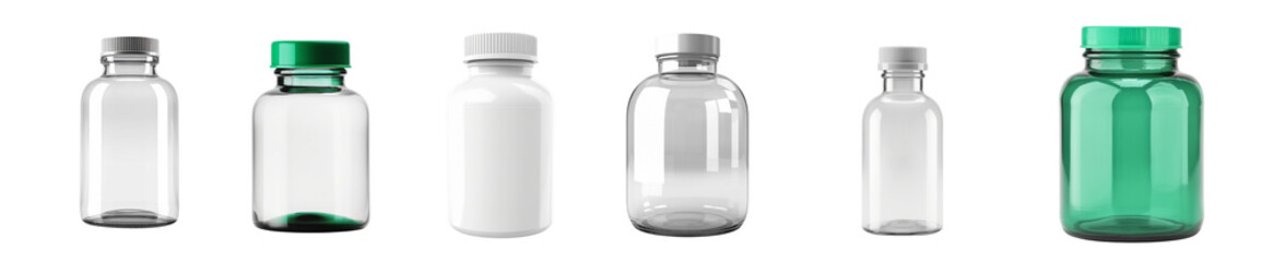 Set of empty bottles for medicines, pills, liquids, isolated. Generative AI.