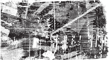 Glitch distorted grange shape . Noise grungy logo . Trendy defect error shapes . Glitched frame .Grunge textured . Distressed effect .Vector shapes with a halftone dots screen print texture.