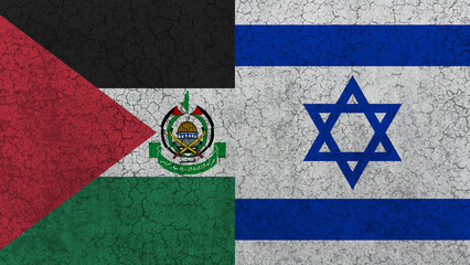 Israel against Hamas, the conflict between Palestinians and Israelis. The flags of the two countries on the background of a concrete wall