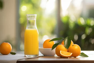 Tuinposter Orange Juice Bottle and Glass with Fruits © alisaaa