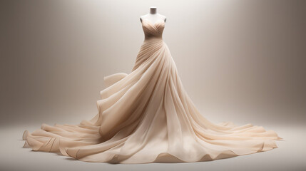 Wide and elegant model wedding dress made of silk displayed on mannequin on a white background
