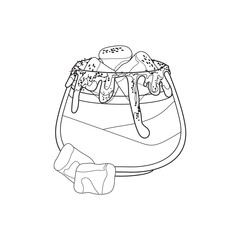 Toasty Campfire cocktail isolated outline on white background. Fall spicy alcohol drink with marshmallow, vodka, Irish cream, rum, chocolate, milk and ice. Autumn beverage vector line art illustration