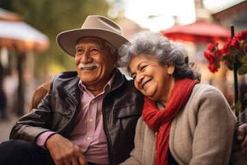 Obraz premium Elderly Hispanic couple in love enjoying retirement. ai generative
