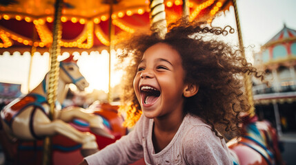 Fototapeta na wymiar happy little girl rides on a carousel in an amusement park. ai generative