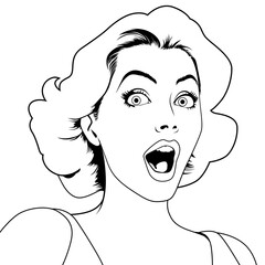Surprised happy excited young attractive woman with open mouth, vector illustration in vintage pop art comic style. Breathtaking, black and white coloring book