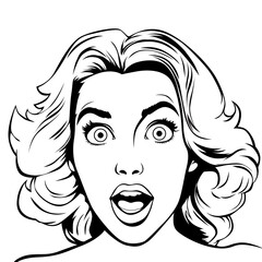 Surprised happy excited young attractive woman with wide open eyes and open mouth, vector illustration in vintage pop art comic style, black and white coloring book