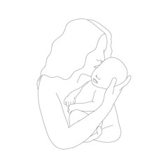 Abstract family silhouette. Happy mom kissing her newborn baby. One line art. Minimalistic vector illustration. Mother and child in linear style.
