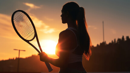 Cinematic shot of a silhouette of female holding a tennis racquet