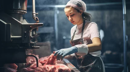 Fotobehang Woman working in a butchery, wearing protective clothes and gloves, putting minced meat into a meat grinder. ai generative © Oleksandr