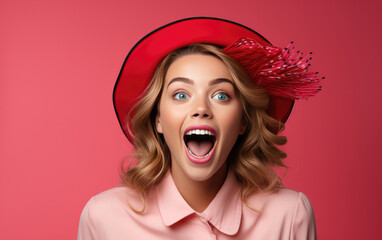 Laughing and excited beauty girl with color clothes on solid color background.