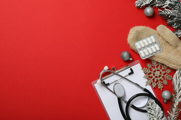 Christmas decorations and gifts with medicine and stethoscope