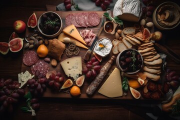 Top View Of Charcuterie Board, cold snacks, generative ai - obrazy, fototapety, plakaty