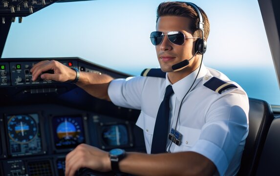 Smiling pilot man in a cockpit looking at camera
