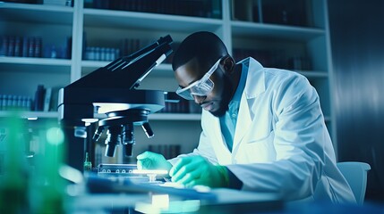 Scientists in lab coats and safety goggles working on chemistry experiments with test tubes, flasks, and microscopes in a modern research and development laboratory