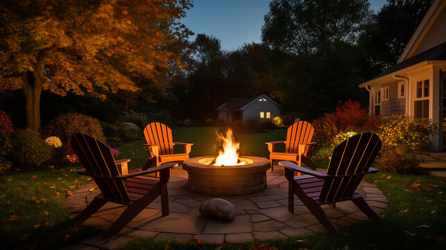 Outdoor fire pit in backyard with lounge chairs, autumn night. ai generative