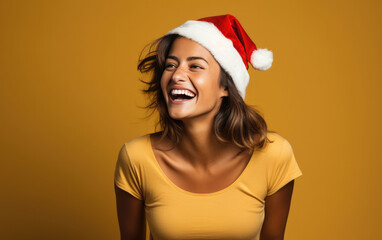 Laughing beauty girl wearing Santa red hat and color clothes celebrating Christmas on solid color background.