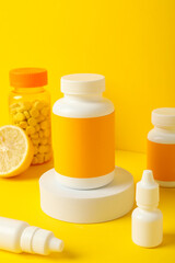 Bottles with medicines. Concept of winter medicines