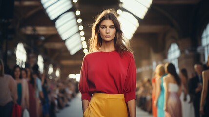 High fashion show with beautiful stylish young female models in fine casual colorful outfits. ai generative