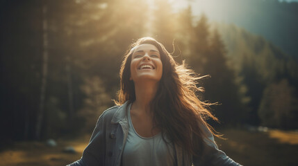 happy girl enjoying freedom and ease in the forest. fresh air, healthy lifestyle and unity with nature. ai generative - obrazy, fototapety, plakaty