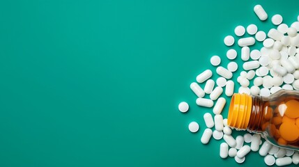 Bottle of prescription medication and assorted pills on vibrant background with empty space for text - obrazy, fototapety, plakaty