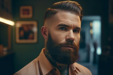 Young bearded man. Handsome hipster male with stylish hairstyle. Generate ai - obrazy, fototapety, plakaty