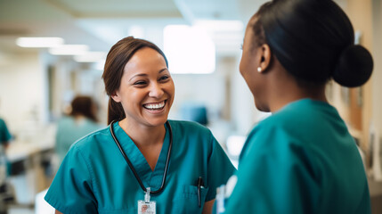 two nurses laughing and talking in the hospital, demonstrating positivity and camaraderie among healthcare workers. ai generative - obrazy, fototapety, plakaty