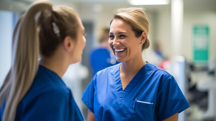 two nurses laughing and talking in the hospital, demonstrating positivity and camaraderie among healthcare workers. ai generative