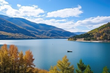 Fototapeta na wymiar Panoramic view of the lake in the mountains