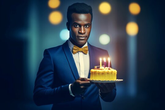 Young corporate man. Businessman celebrating anniversary with cake dessert. Generate ai