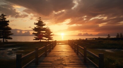 a serene sunset and a wooden pathway