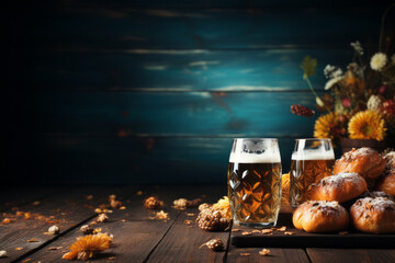 Glasses of beer on a wooden table with bread rolls and flowers, suitable for Oktoberfest, background with copy space