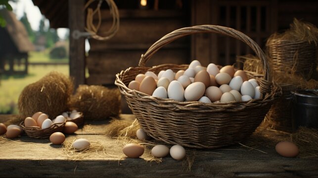 a wooden table with a basket of chicken eggs over a farm in the countryside