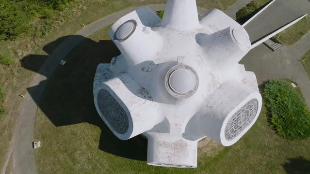 Aerial drone shot of Ilinden, Krusevo spomenik, a memorial for the Ottoman era uprising and partisan in Macedonia