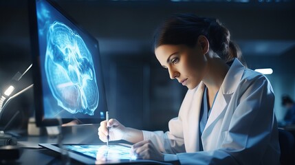 Female neuroscientist analyzing brain scans and taking notes on computer in modern lab
