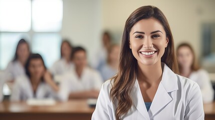 Portrait of a smiling and confident female doctor or nurse in the front row of a medical training class or seminar room - Powered by Adobe