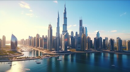 Aerial image of the United Arab Emirates or UAE's skyline and the city of Dubai. In a smart urban metropolis, the financial district and business district. skyscrapers and tall structures at dusk. - obrazy, fototapety, plakaty