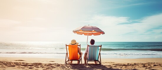 Newly married couple sitting on beach and enjoying honeymoon With copyspace for text - obrazy, fototapety, plakaty