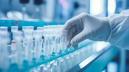 Hand in gloves inspecting medical vials on a pharmaceutical production line, close-up view of machine and glass bottles