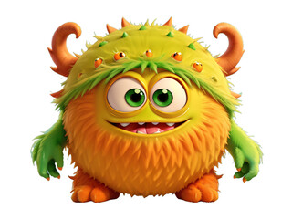 Cute and funny green monster 3D cartoon character on transparent background. Generative Ai.