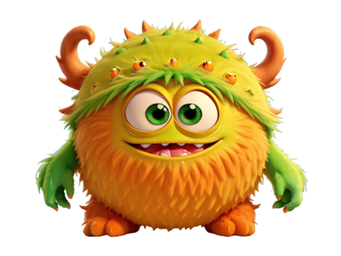 Cute and funny green monster 3D cartoon character on transparent background. Generative Ai.