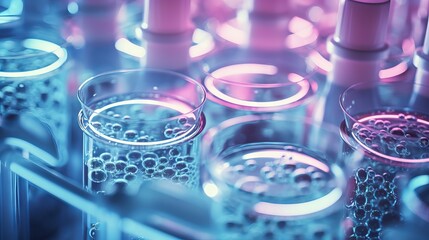 Scientists in lab coats and safety goggles working on chemistry experiments with test tubes, flasks, and microscopes in a modern research and development laboratory