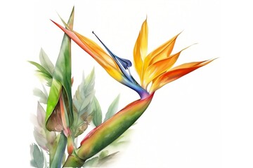 Watercolor Bird of Paradise flower on white isolated background, generative AI