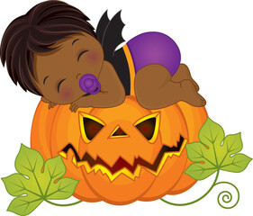 Vector Little African American Baby Boy in Halloween Costume Sleeping on Pumpkin