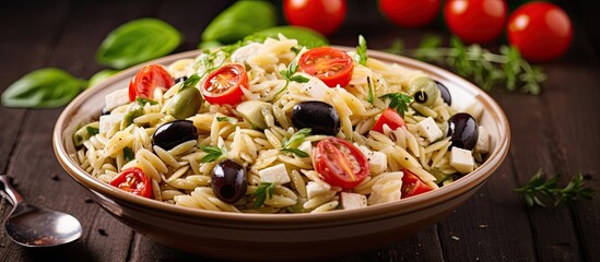 Orzo pasta salad made with feta olives and tomatoes With copyspace for text
