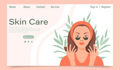 Facial skin care concept. Landing page template. A woman makes cosmetic spa procedures for her face. Morning routine. Eye patches, cosmetic masks, cream, massage. Illustration, vector